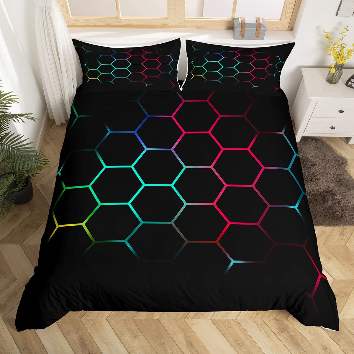 Loussiesd Teal And Blue Red Yellow Duvet Cover Hexagonal Bedding Set Kids Boys Teens Honeycomb Bed Cover Beehive Simplistic Geometric Bedspread Cover 3Pcs Double Size