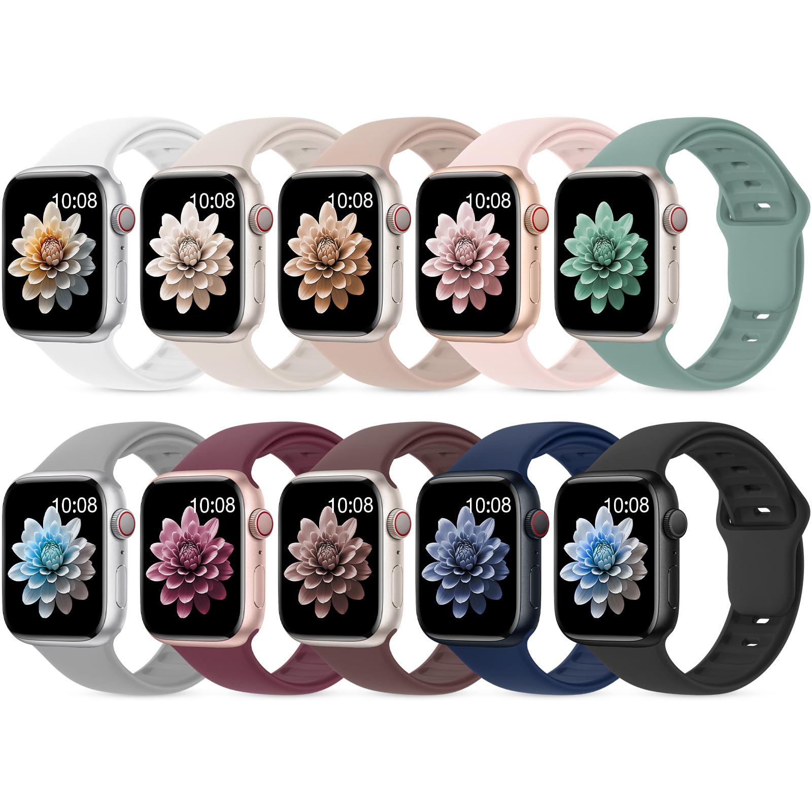 Photo 1 of 10 Pack Silicone Bands Compatible with Apple Watch 38mm 40mm 41mm 42mm 44mm 45mm 46mm 49mm Women Men, Soft Waterproof Replacement Wrist Sport Band for iWatch Series 11 10 9 8 7 6 5 4 3 2 1 SE Ultra