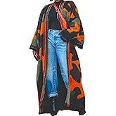 NRTHYE Women Camo Long Cardigan Camouflage Open Front Shawl Sweater Oversized Fringed Hem Maxi Knit Cardigans Outwear
