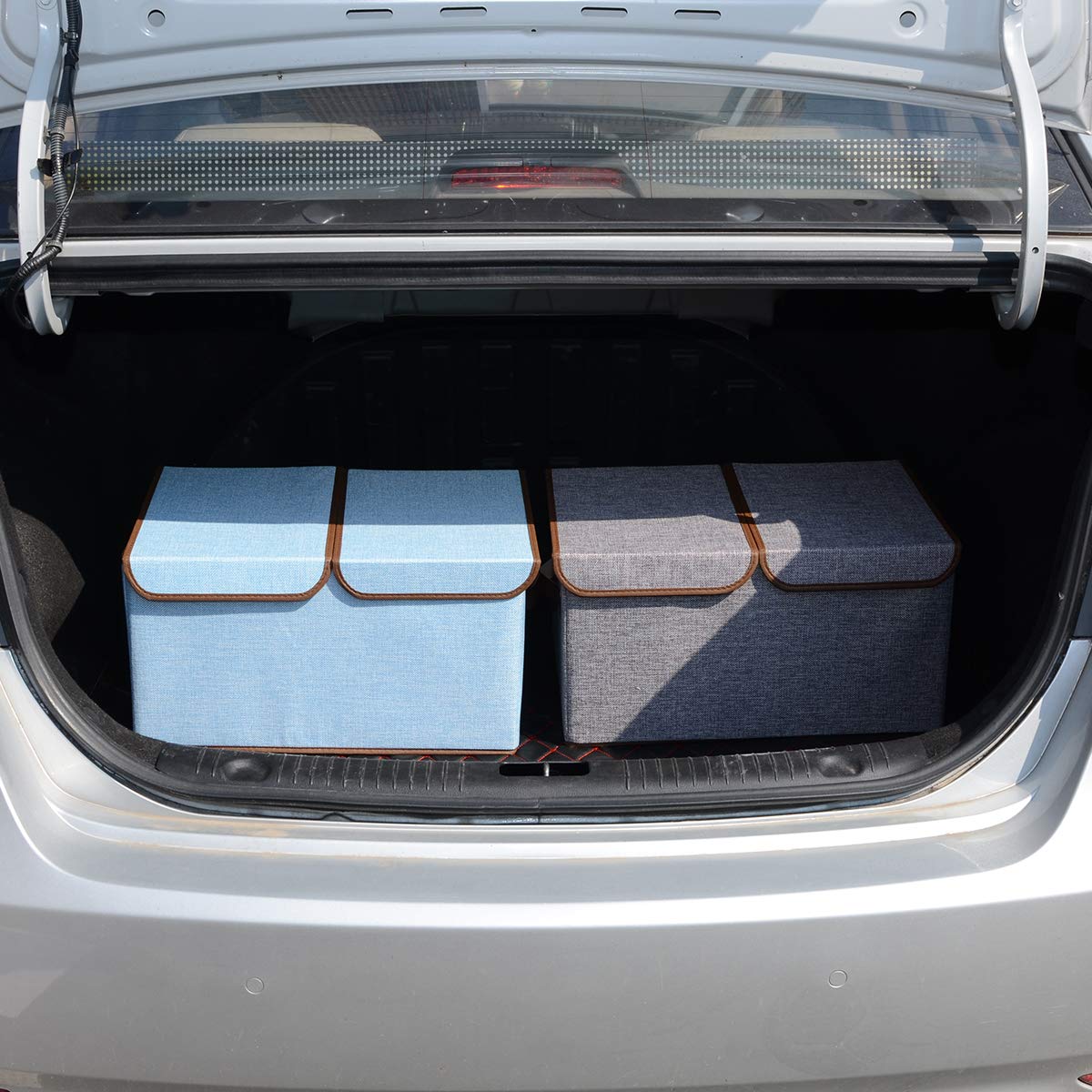 Storage Boxes Set of 3, Large Cotton Fabric Foldable Cube Organiser Bins Baskets with Lids and Handles Container Clothes Blankets for Home, office and Laundry Organization (Light Grey & Sky Blue)