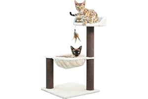 Catry Nirvana 3-Level Kitten Tree with Plush Perch, Soft Hammock, and Paper Rope Scratching Posts, Minimalist Cat Furniture for Climbing, Scratching & Resting, Ideal for Kittens & Small Cats, Beige