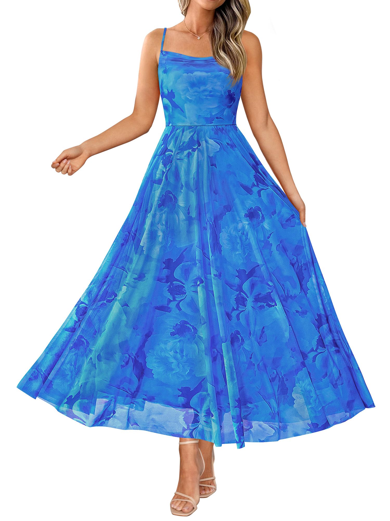 BTFBM Women Summer Floral Maxi Dresses Elegant Spaghetti Strap Dress Printed Party Dress Beach Long Dresses(Floral Blue,XX-Large) Image