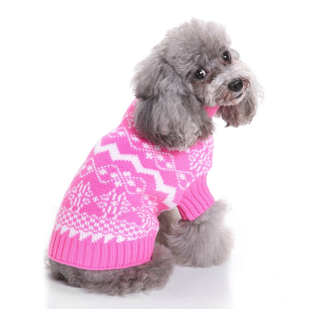 Ranphy Small Dog Christmas Sweater Puppy Warm Knited Outfit Clothes Snowflake Turtleneck Knitwear Jumper Doggie Cat Holiday Costume Pet Apparel Pink XL