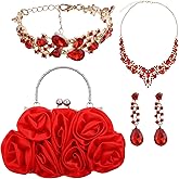 4 Pcs Rose Clutch Handbags, Rhinestone Jewelry Set Red Jewelry Sets for Women with Rose Clutch Purse with Detachable Strap Detachable Necklace Earrings Bracelets for Prom, Wedding, Birthday Party Gift