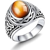 Dochais Retro Tiger Eye Stone Mens Rings, Black Onyx Rings for Men Stainless Steel Ring Oval Biker Ring for Mens Jewelry