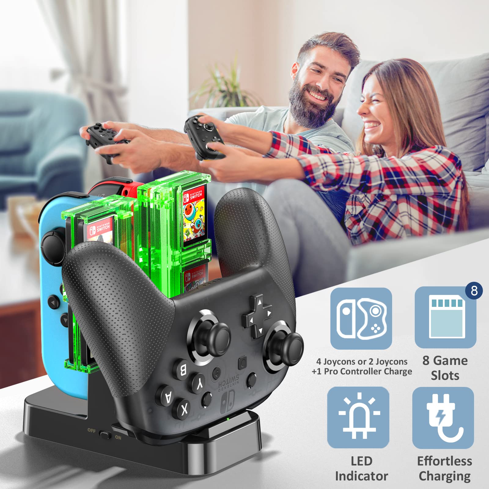 Joy-Con Charging Stand, 4 Simultaneous Charging, OIVO Joycon Charger, Includes Charging Instruction LED, 8 Game Disc Storage, USB-C Charging Cable Included