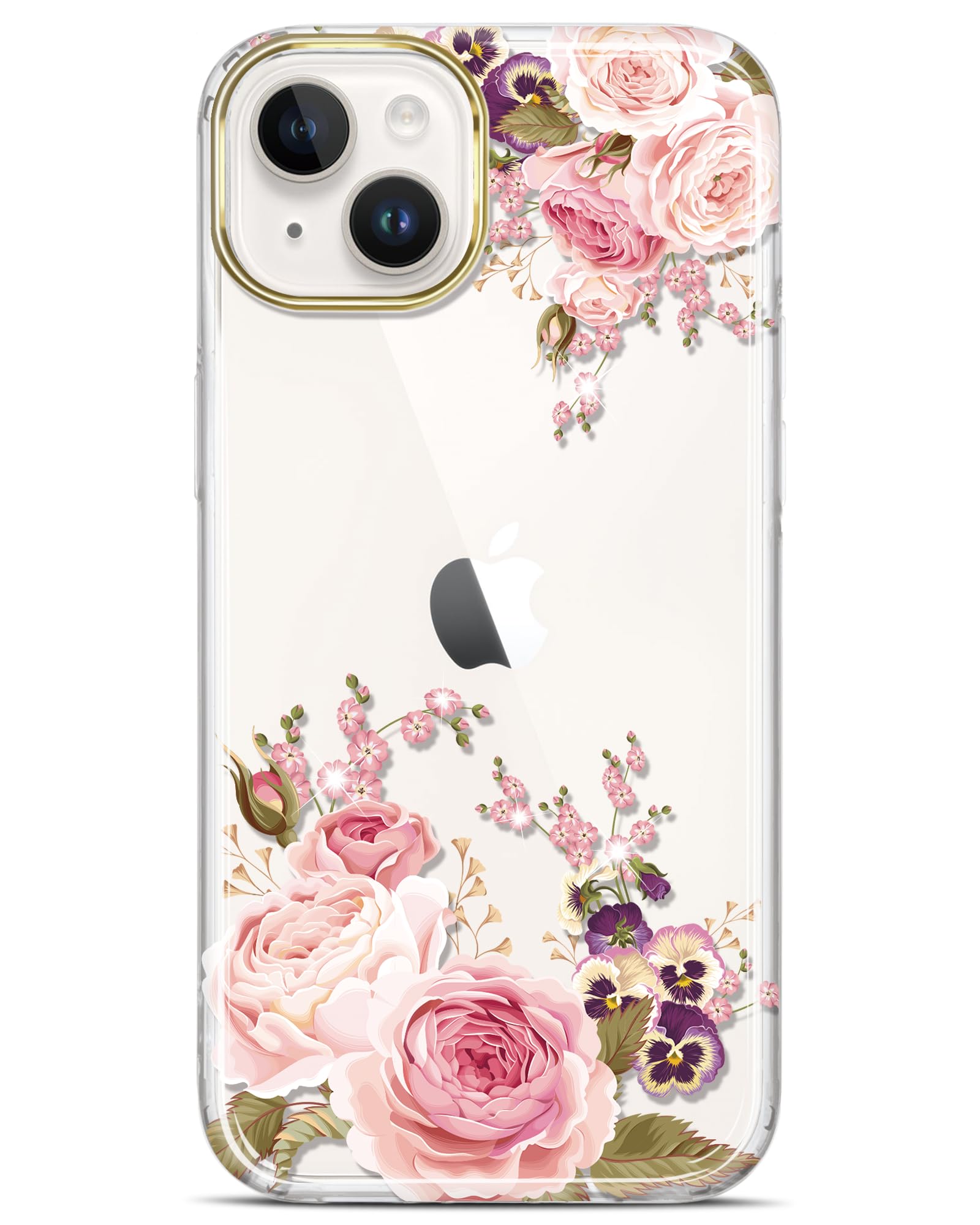Photo 1 of JAHOLAN Clear Case for iPhone 15 Plating Floral Flower Design Protective Shockproof Slim TPU Anti-Yellowing Hard Back Cover Phone Case for Girls Women 6.1" 2023 Rose Pink