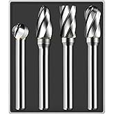 4Pcs Carbide Burr Set 1/4 Shank Aluminum Cut (Wide-Flute Cut) Die Grinder Bits Rotary Tools Attachment Kit Rasp File Accessories Metal Wood Stone Steel Grinding Deburring Cutting Porting Carving