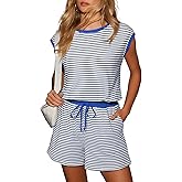 Dokotoo Women's Summer Casual Rompers Striped Shorts Overalls Adjustable Drawstring Waist Jumpsuits One Piece Outfits