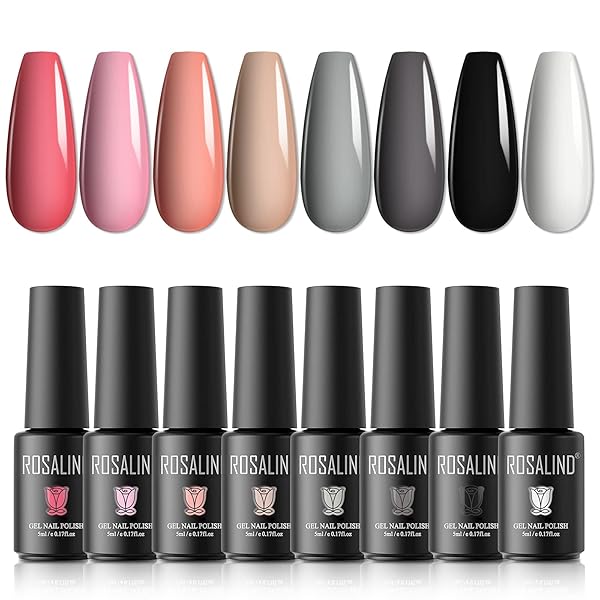 ROSALIND WHITE PINK GEL NAIL POLISH SET, 8PCS COLORS GEL POLISH SET SKIN TONES SOFT SOAK OFF ALL SEASONS GEL COLLECTION DIY NAIL ART DESIGN