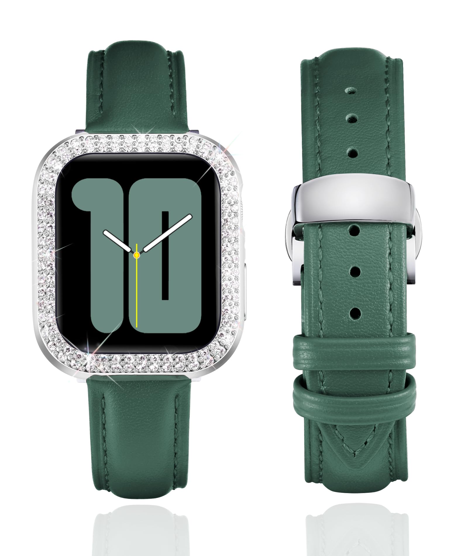 BINLUN Leather Strap Compatible with Apple Watch 45mm 44mm 41mm 40mm Women Leather Band with Glitter Diamond Rhinestone Case Compatible with iWatch Series 9/8/7/SE2/SE/6/5/4（40mm，Green）
