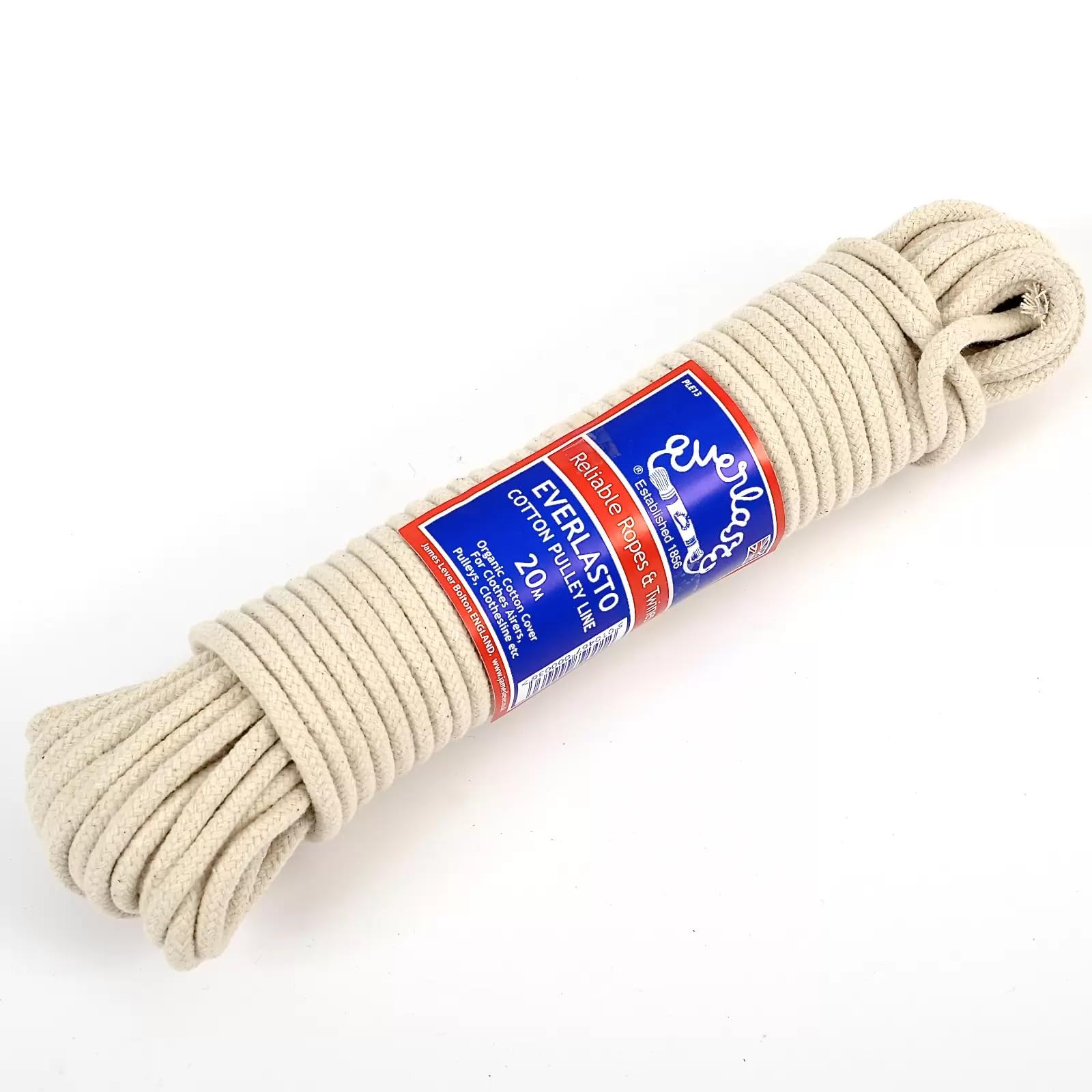 EVERLASTO Natural Cotton Pulley Line 5.5mm, 20M - Made in UK with Synthetic Core for Strength and Durability, Organic Cotton Cover, Ideal for Ceiling Airers and General Purpose Rope