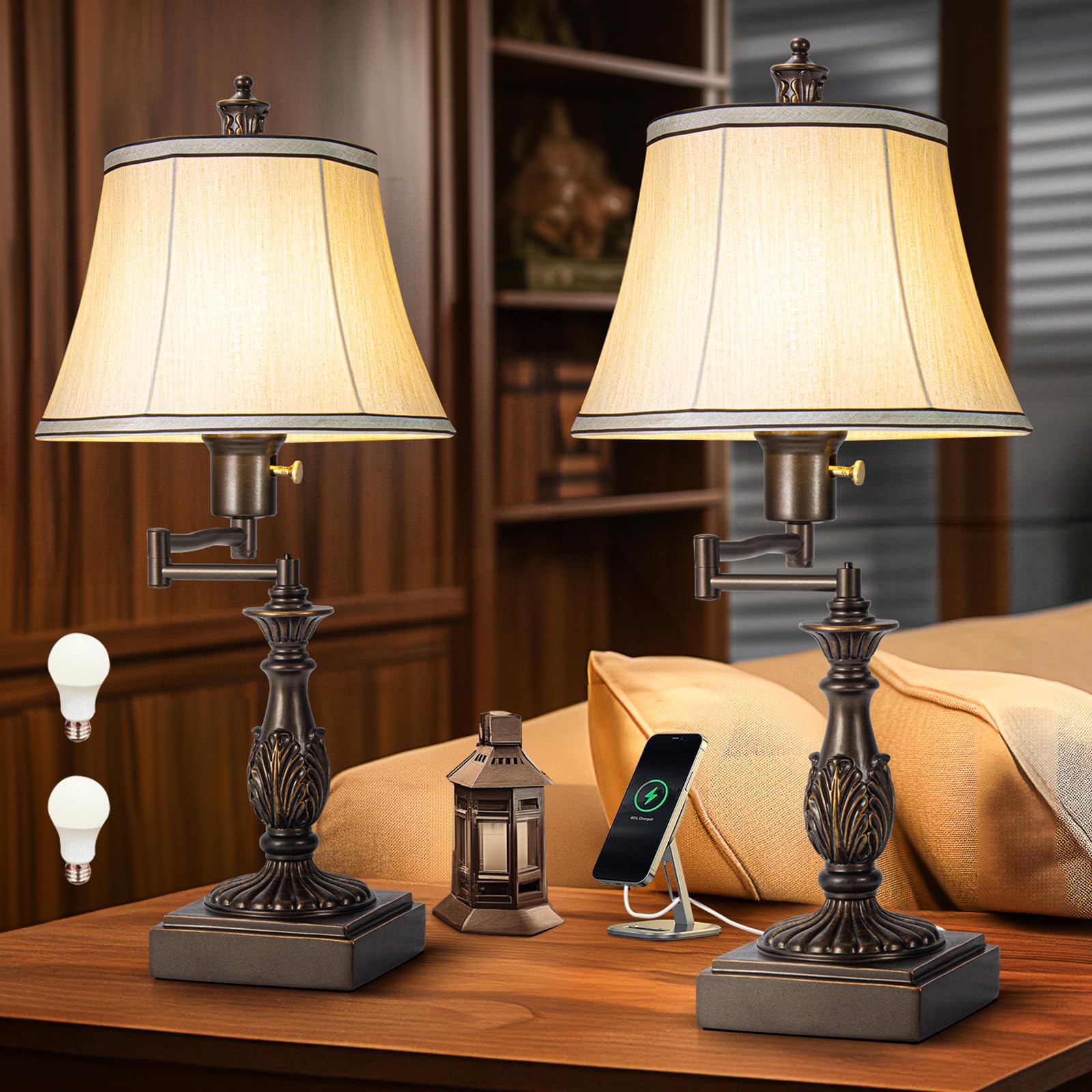 Photo 1 of 23.5" High Rustic Traditional 350° Adjustable Swing Arm Table Lamp Set of 2 with USB A+C Ports Brown Finish Cream Shade Vintage Nightstand lamp for Living Room Bedroom Office (Bulb Included)