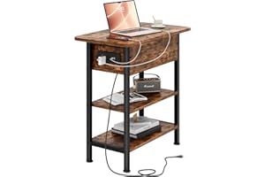 GRUSIGN End Table with Charging Station, Flip Top Side Table with USB Ports and Outlets, 3-Tier Small Side Table with Storage for Small Space, End Tables for Living Room/Bedroom, Brown