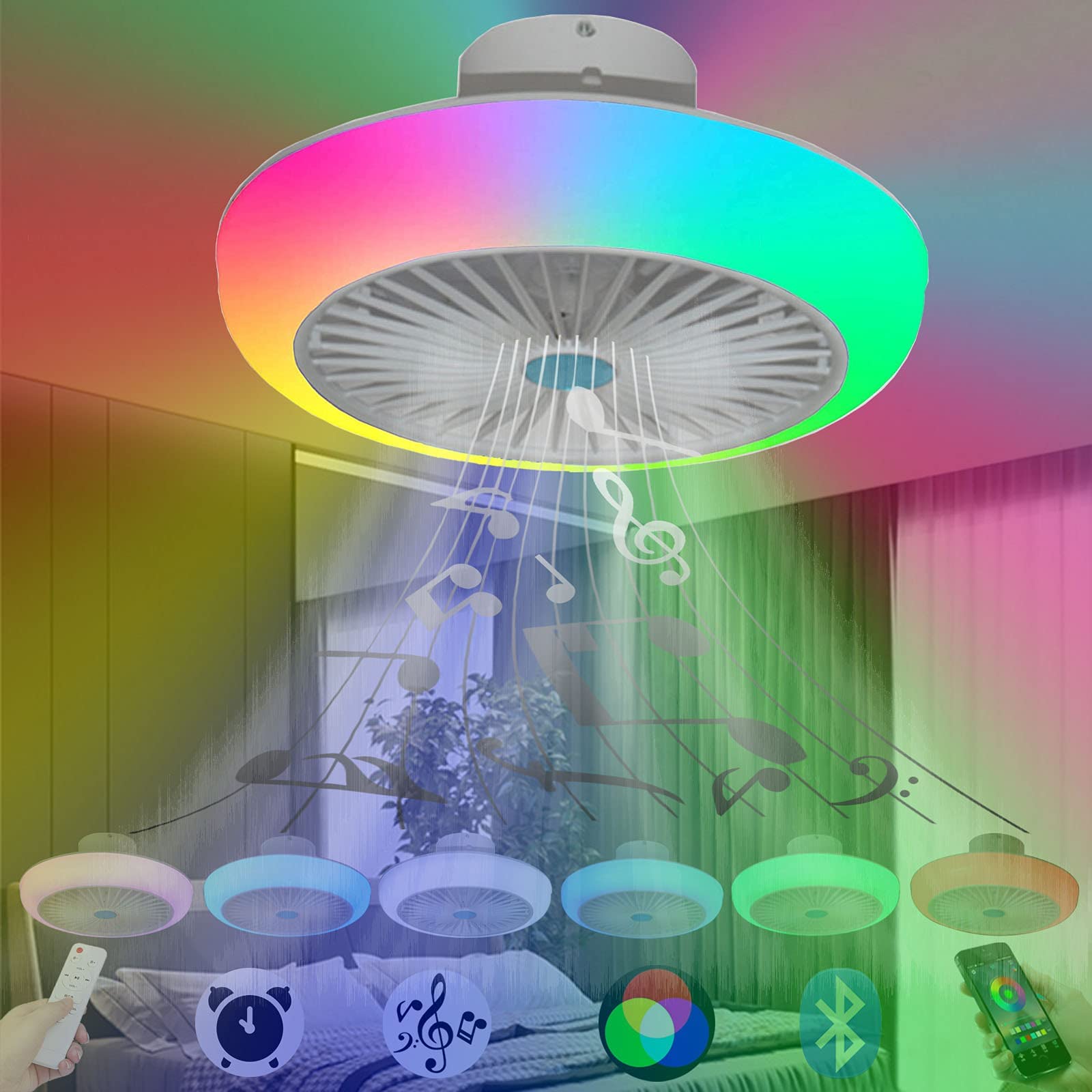 Ceiling Fans with Lights and Remote Bluetooth, RGB Dimmable LED Enclosed Ceiling Fans for Kids Room, with Bluetooth Speaker And 3 Colors Led Light, 3 Wind Speed & App-Timing Setting, White 17.7''