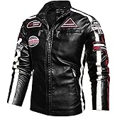 MOMEITU Mens Vintage Motorcycle Jacket Biker Leather Jacket Male Embroidery Bomber Coat Winter Fleece Pu Overcoat(XXXL,Black)