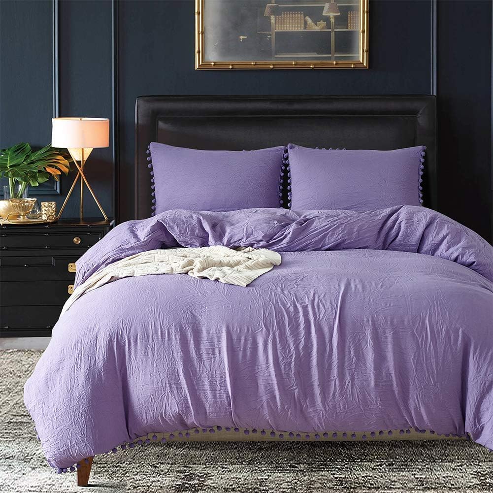TCXZTYJH Fringe Pompoms Duvet Cover Set Single, Microfiber Reversible Bedding Sets with Hidden Zipper, Modern Soft Quilt Cover with 1 Pillowcase,Hypoallergenic Lightweight Soft, Lilac