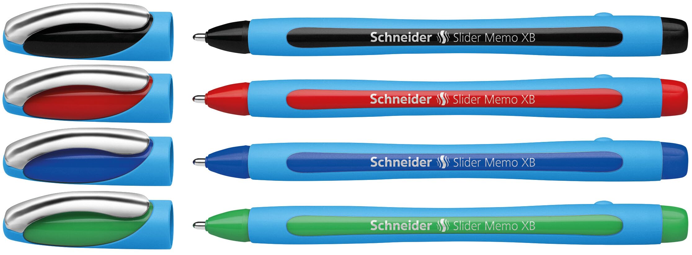 Schneider Slider Memo XB 75020 Ballpoint Pen with Cap, Line Width: XB, Ink Colour: Red/Black/Blue/Green, Pack of 4
