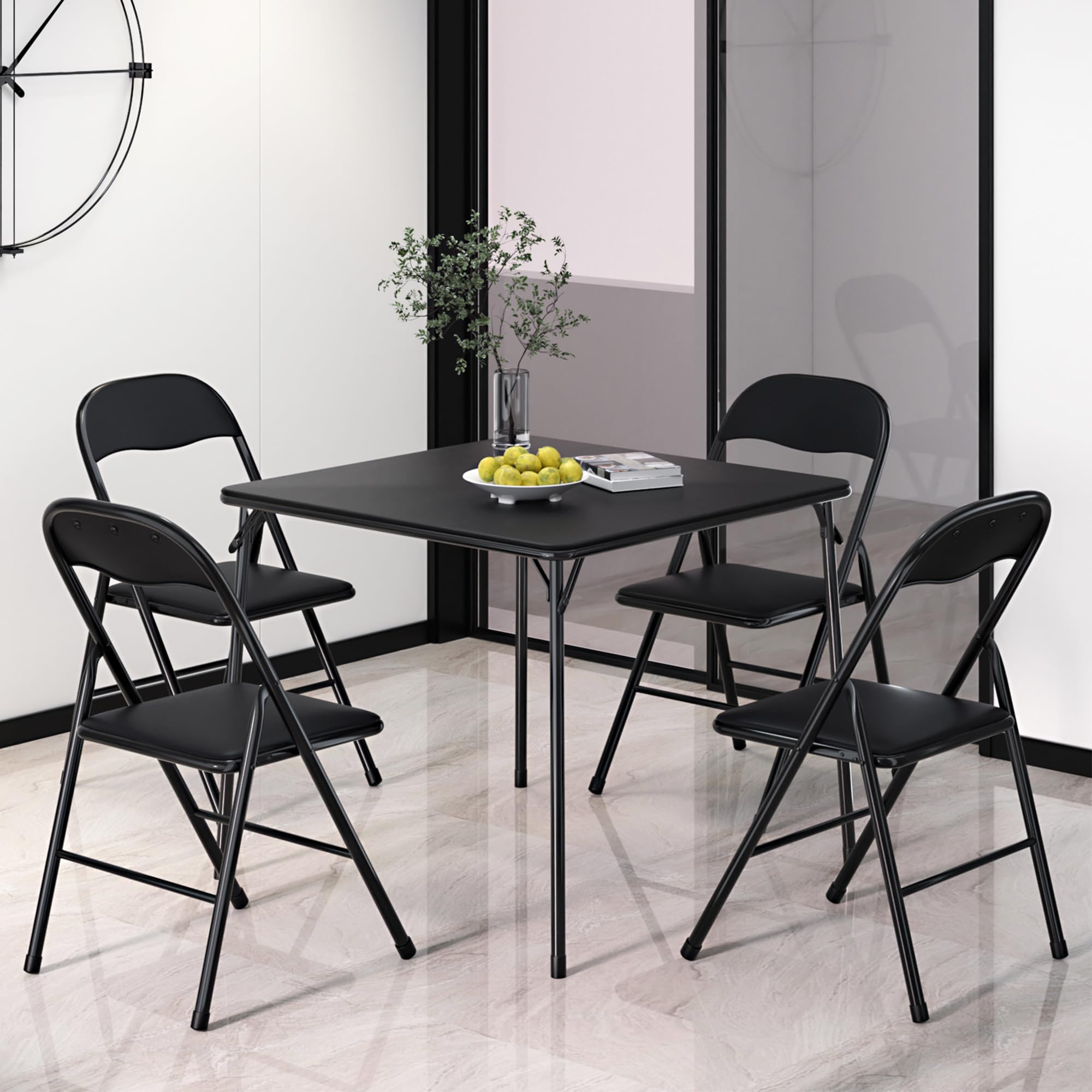 VECELO Square Folding Portable Card Table 4 Foldable Chair Sets 5PCS with Collapsible Legs & Vinyl Upholstery Padded, Metal, Black