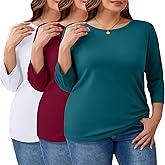 Ficerd 3 Pack Plus Size 3/4 Sleeve Tops for Women Round Neck T-Shirt Trendy Basic Tee Cozy Loose Blouse XL-5XL