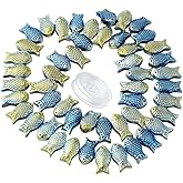 SUNNYCLUE 1 Box 50Pcs Fish Beads Bulk Blue Glass Sea Ocean Animal Double Sided Fishes Beads 15mm Small Shiny Frosted Electroplated Charms Elastic Thread for Jewelry Making DIY Beading Bracelets Crafts