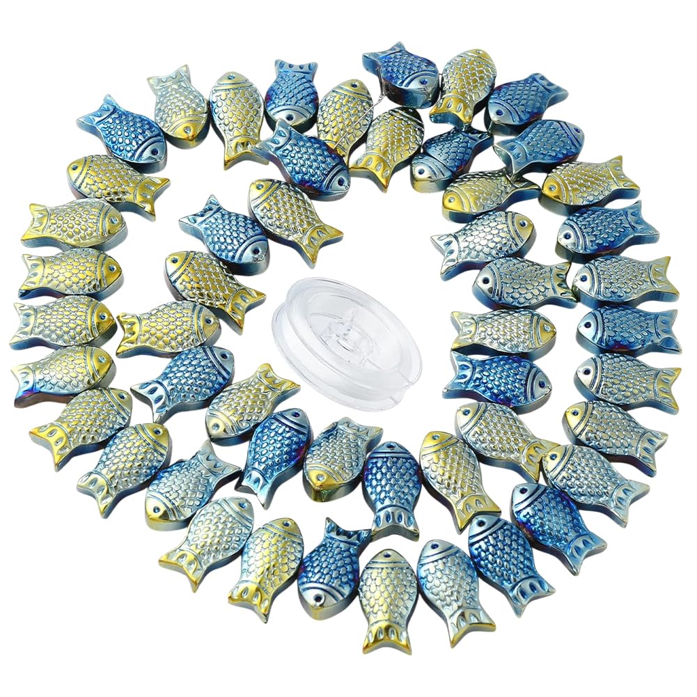 SUNNYCLUE 1 Box 50Pcs Fish Bead Blue Glass Sea Ocean Animal Fishes Beads Carved Full Plated Frosted Electroplate Charms Elastic Thread for Jewelry Making DIY Bracelets Crafts Supplies — image 1