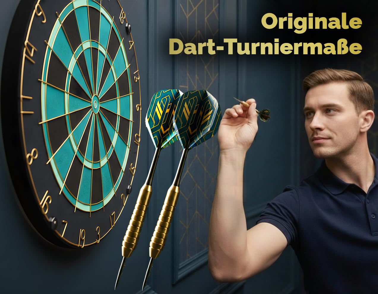 Dartscheibe Dartboard Sisal Professionell Türkis mit Goldener Zahlenring & Pfeilen - Profi Steeldartscheibe - Dart Scheibe Target mit 6 Dartpfeilen Metallspitze golddart Flight Barrels shafts schäfte 6