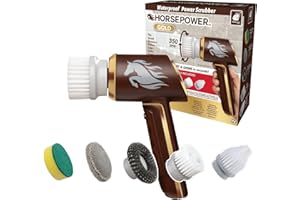 RUBY HORSEPOWER Horsepower Scrubber Gold Edition, Longer Battery Life, Electric Power, Rechargeable, Spins 350 RPM, Waterproof, 5 Brush Heads, AS SEEN ON TV, Cleans Dirt & Grime: Bathrooms, Kitchen, Indoors/Outdoors