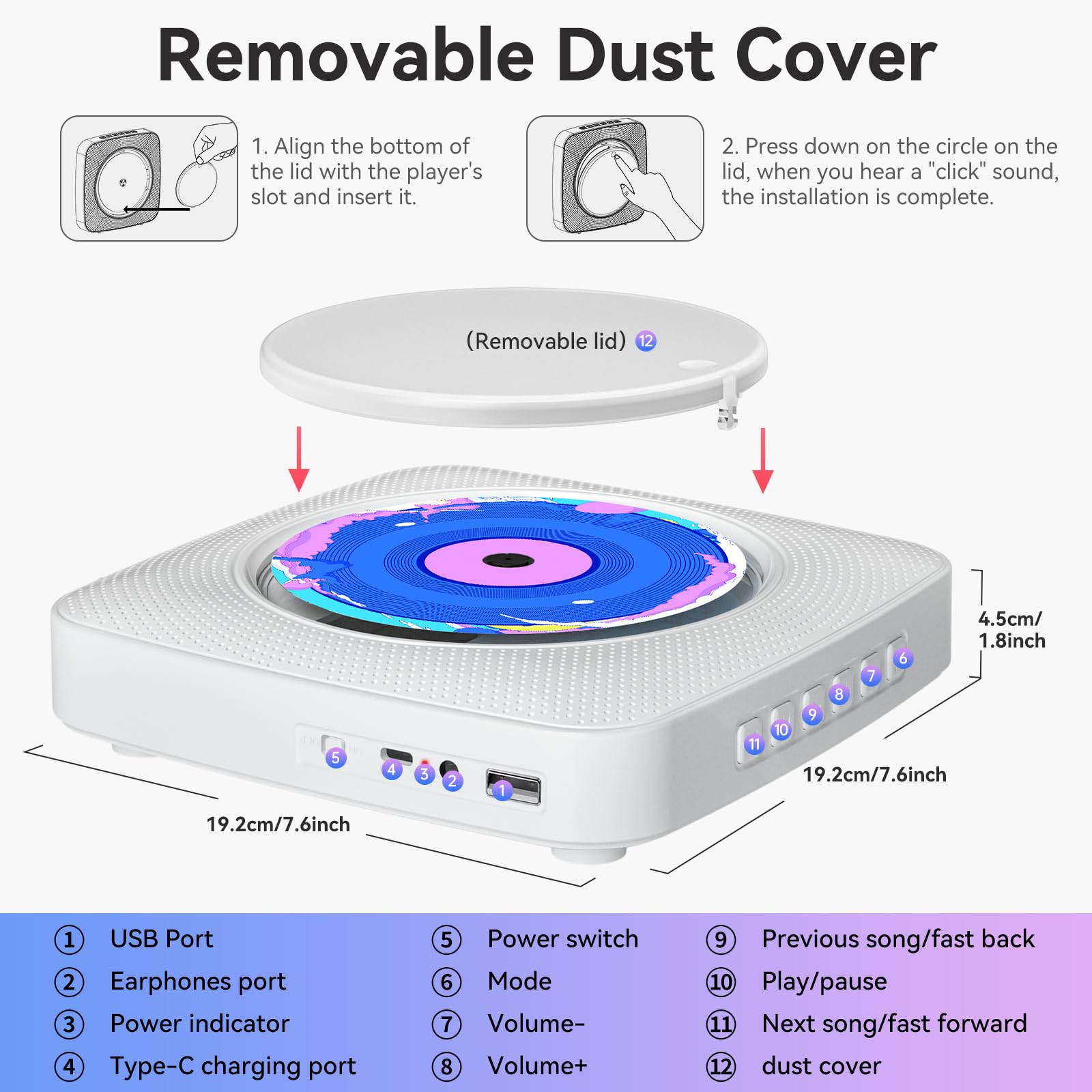 CD Player Portable Bluetooth Rechargeable: CD Players for Home with 1800mAh Kegaudio Desktop Wall CD Player with Speakers FM Radio USB Remote Control
