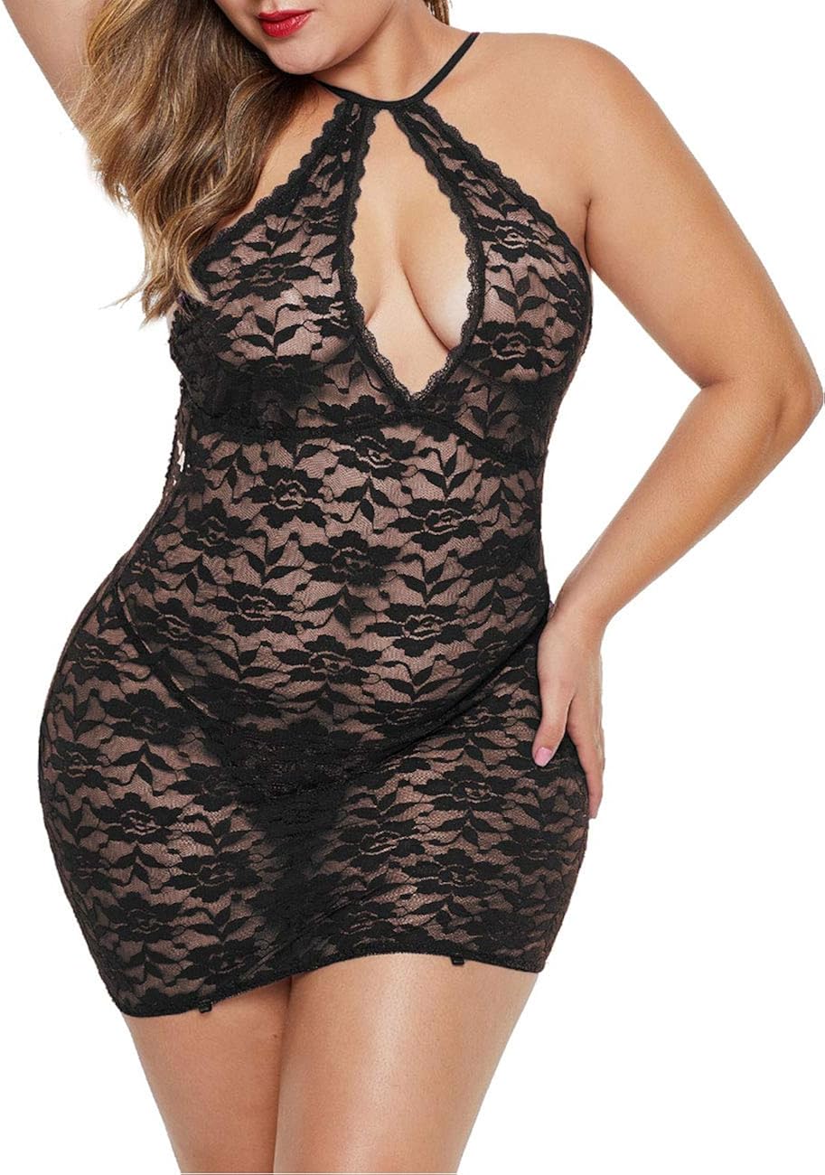 XAKALAKA Women's Halter Plus Size Lace Lingerie Keyhole Mesh Stretch Babydoll Chemise with Garters at  Women’s Clothing store