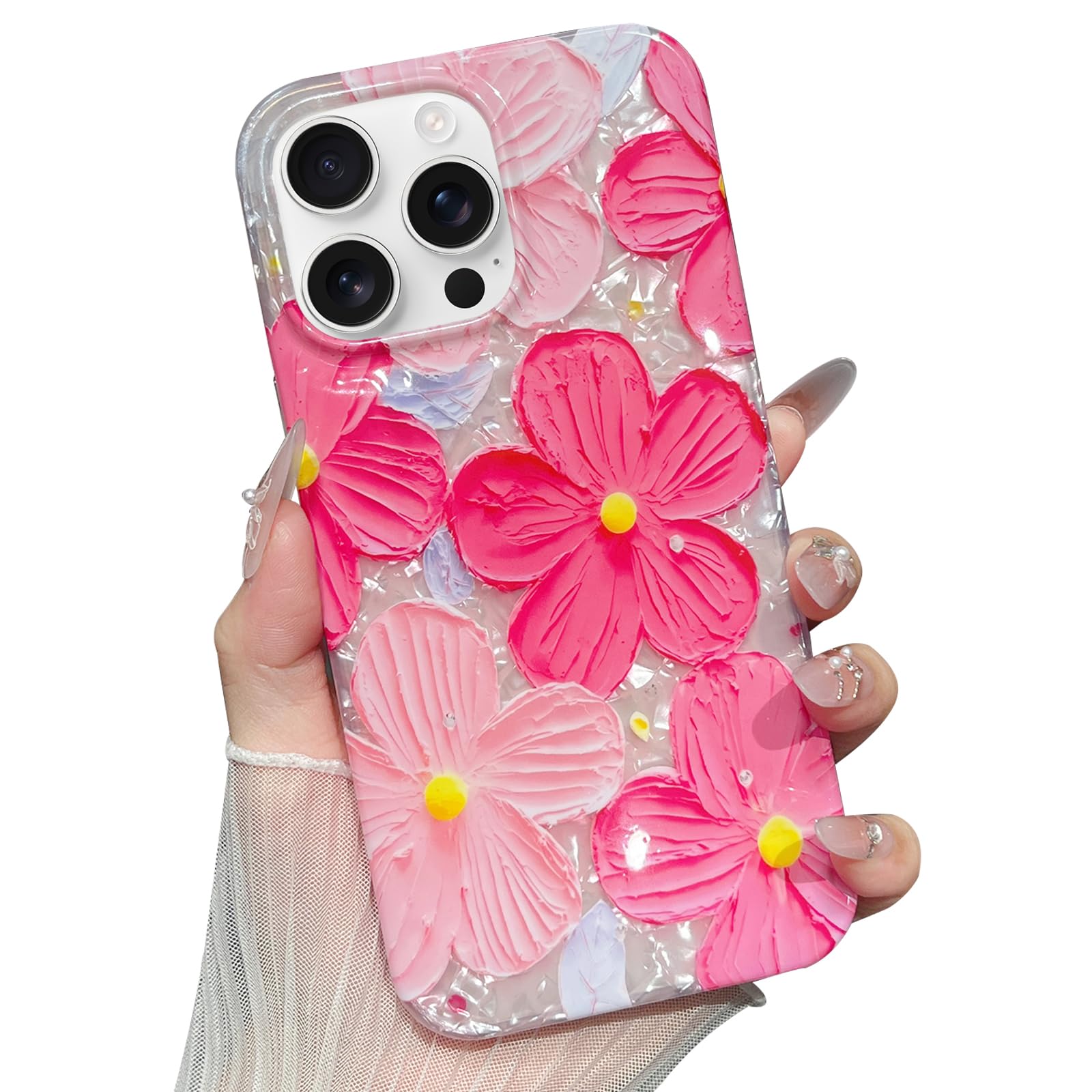 Jmltech for iPhone 13 Pro Case Women Girly Aesthetic Trendy Cute Floral Flowers Case with Beaded Phone Strap Lanyard Oil Painting with Lanyard Shockproof Protective Phone Cases