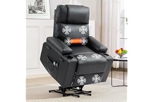VOGUE FURNITURE DIRECT Power Lift Recliner Chair for Elderly with Heat & Massage, 160° Electric Adjustable PU Leather Recliner with Remote Control, Stand Assist, Cup Holders & Side Pockets for Living Room (Black)