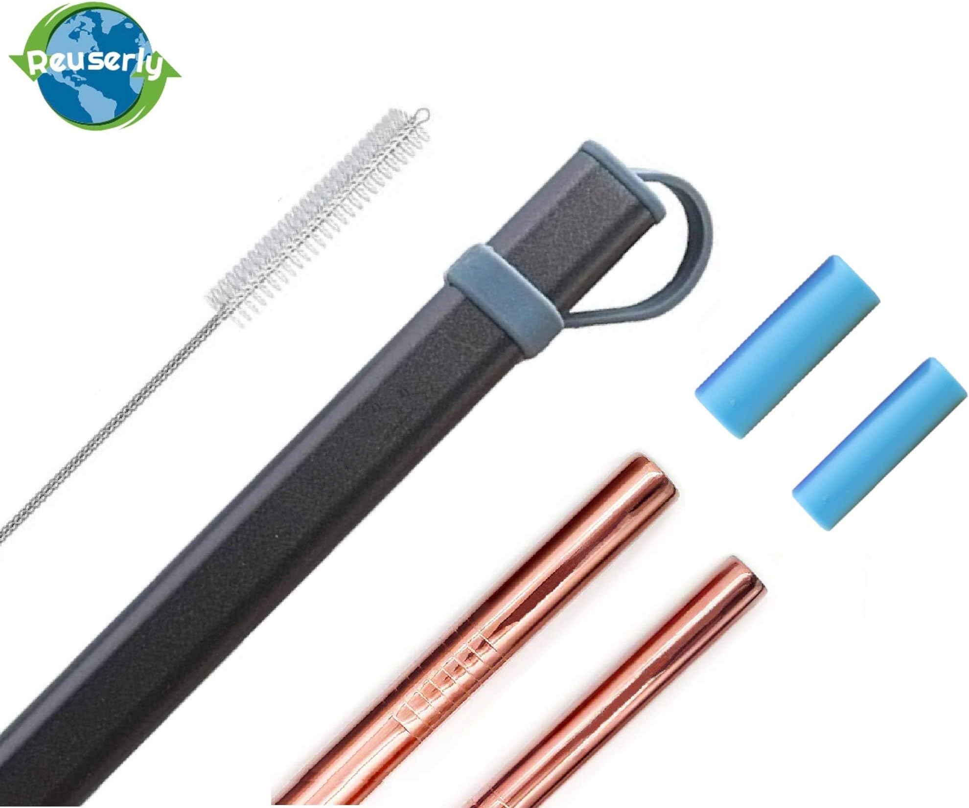 Rose Gold Reusable Stainless Steel Straws with Case - 2 Metal Straws - 6mm and 8mm Wide - Portable Aluminium Travel Case - Cleaning Brush - 2 Silicone Tips (Pink-Rose Gold)