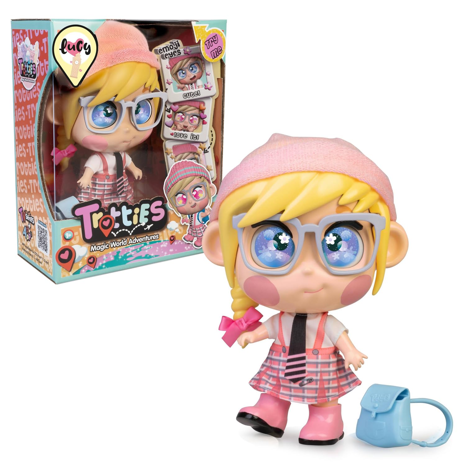 Trotties Emoti Eyes Lucy, Multicoloured, Travel Dolls from the Animated Cartoon Series, with Accessories, Gift for Girls and Boys Age 3 and Above