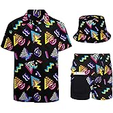 Men's 2-Piece Retro Outfit 80s 90s Tracksuit Hawaiian Outfit Set Shirts,beach Shorts And Bucket Hat