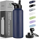 DOMICARE 40 oz Insulated Water Bottle, Vacuum Insulated Stainless Steel Sports Water Bottle with Straw Lid & Spout Lid, Leakproof, Reusable - Travel, Camping, Bike, Navy Blue
