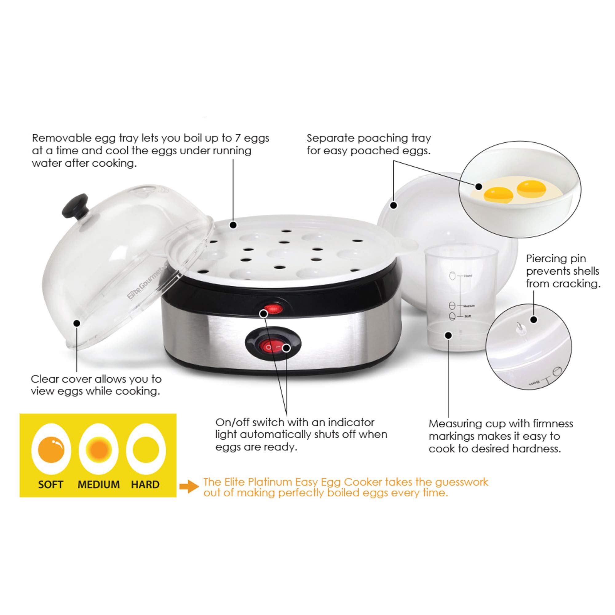 Elite Gourmet EGC-207 Easy Electric 7 Egg Capacity, Poacher, Omelet, Steamer & Soft, Medium Hard Boiled, with Auto Shut Off, Buzzer, Measuring Cup Included, BPA Free, Stainless Steel