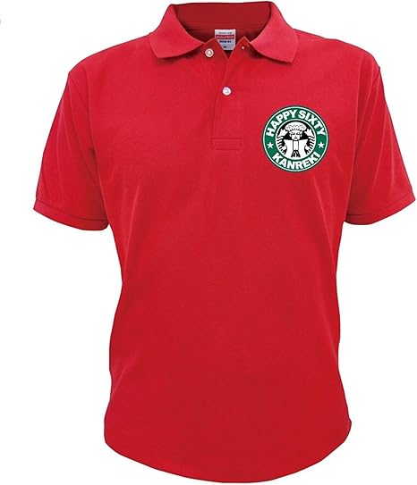 Amazon Co Jp 還暦祝い スタバ風 ポロシャツ 赤ポロシャツ 男イラスト Xs 服 ファッション小物