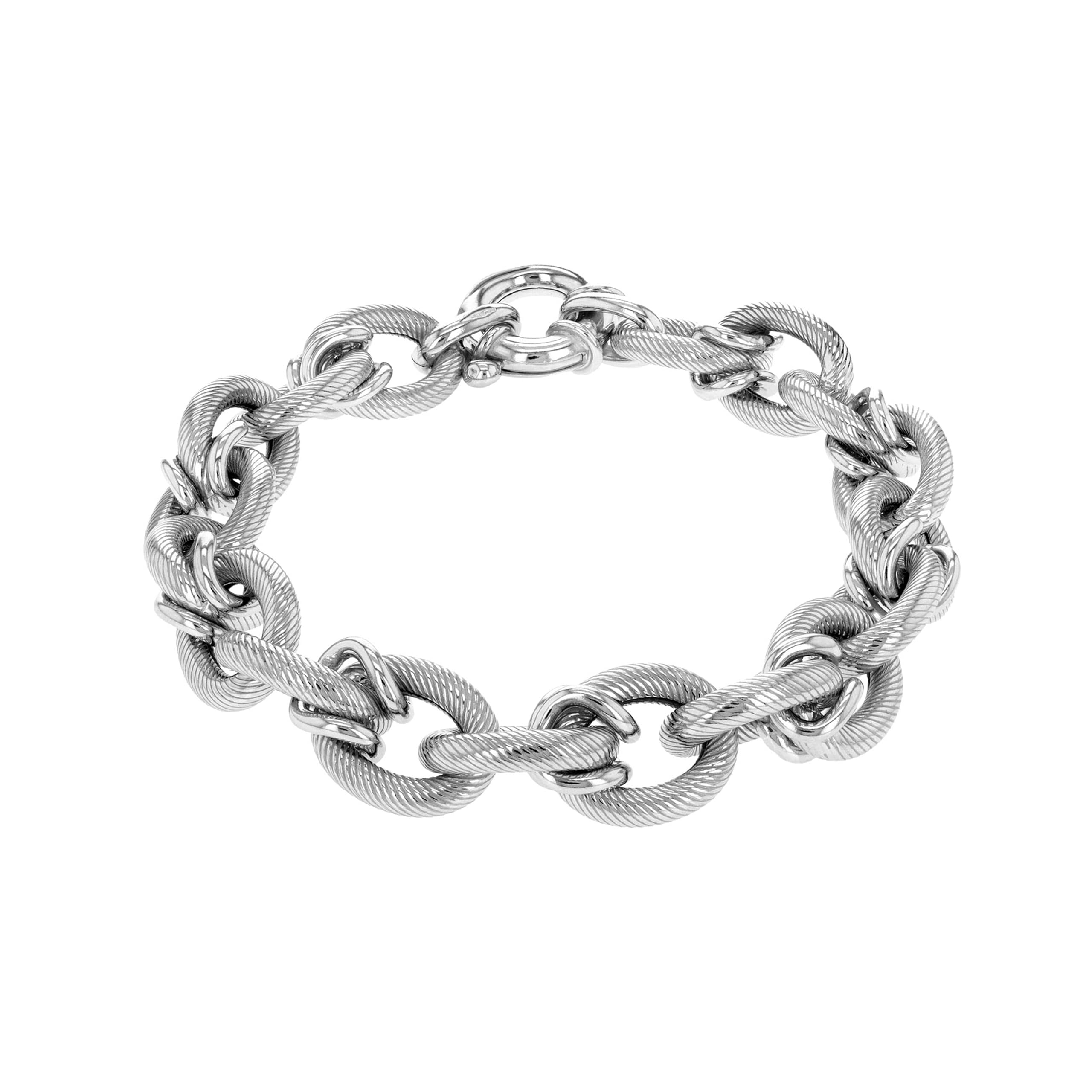 Tuscany Silver Women's Sterling Silver 12.5 mm Rhodium Plated Textured Round Oval Belcher Chain Large Spring Ring Bracelet of Length 21 cm/8 Inch