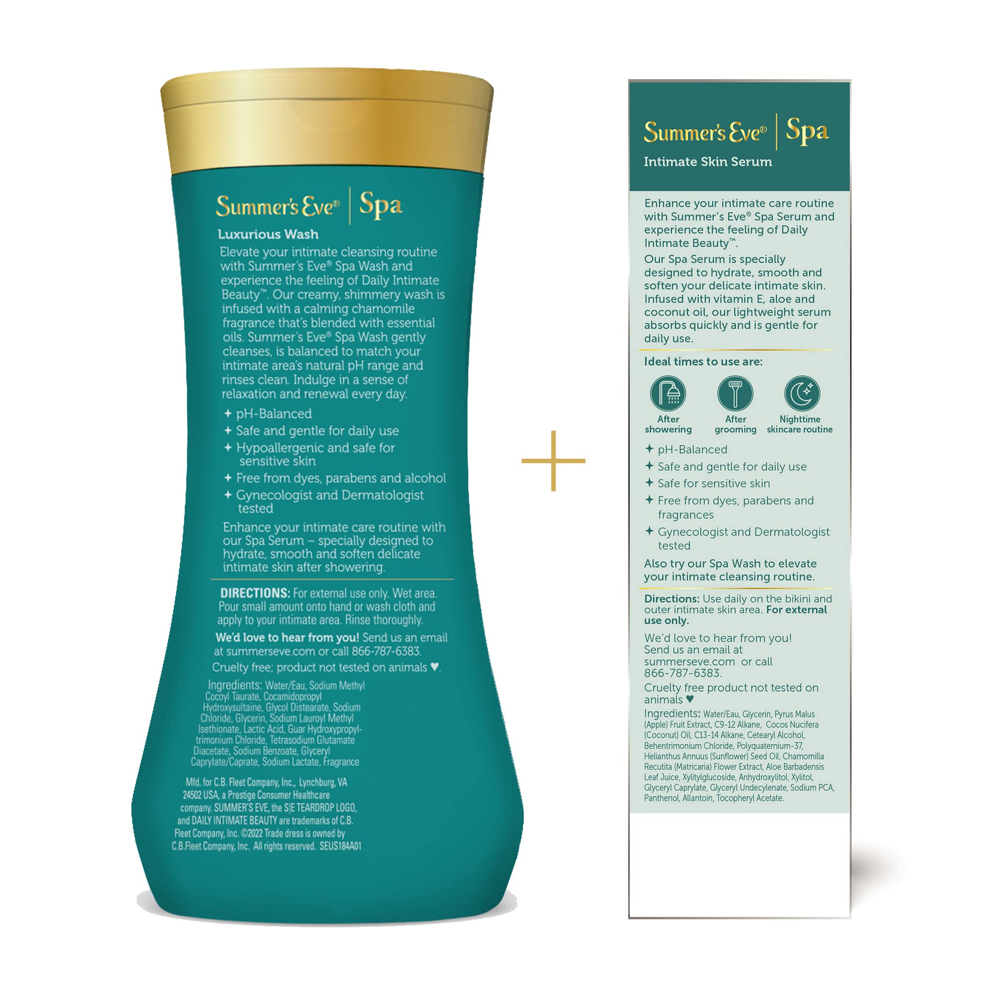 Summer's Eve Spa Set for Women | Gift Box | Women's Post Shave Hydrating Serum, 1oz Tube | Cleansing Feminine Wash, 12oz Bottle, 2 Piece Set