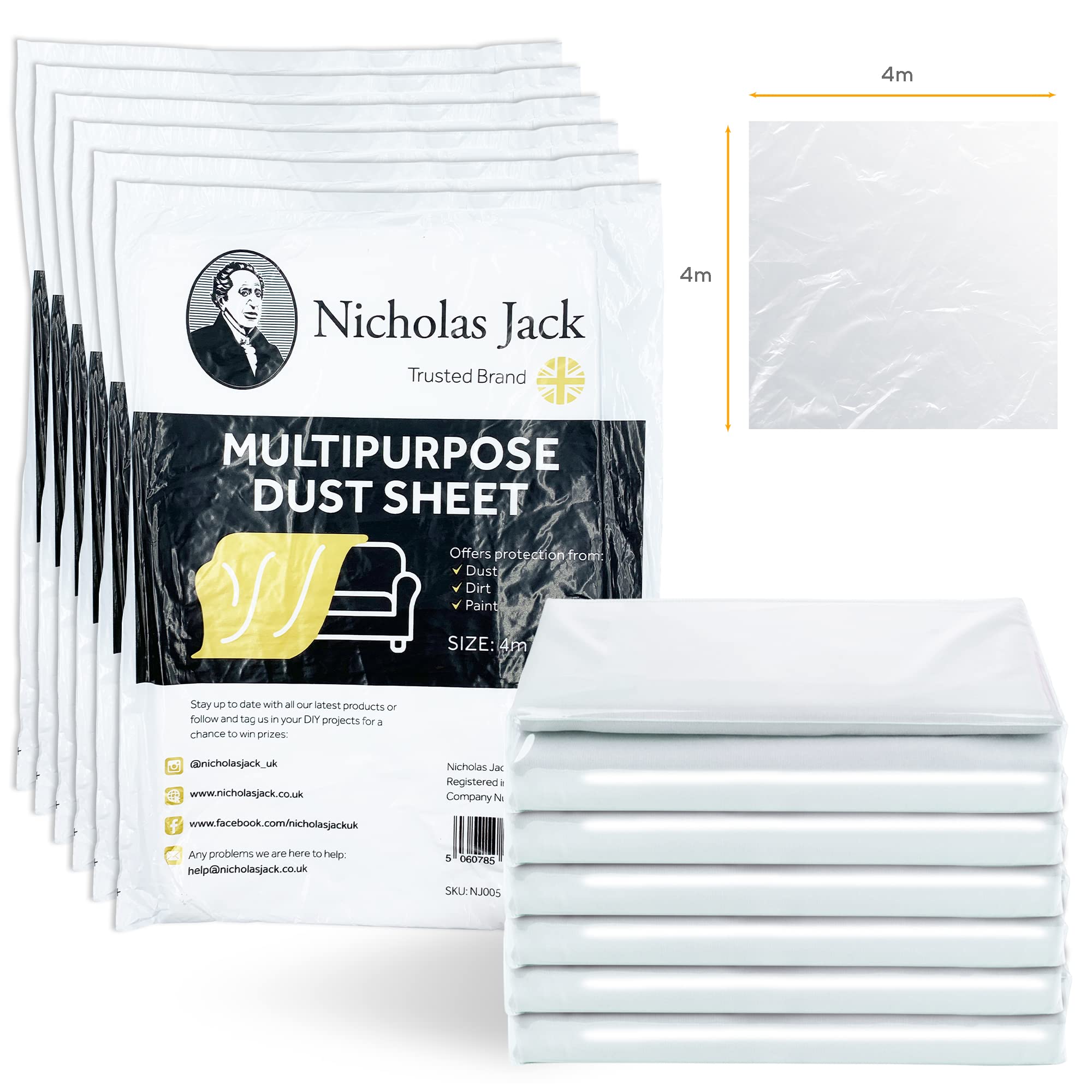 Pack of 6 Large Plastic Dust Sheets for Decorating 4m x 4m Decorators Polythene Paint Covers Sheeting for Furniture & Flooring etc,