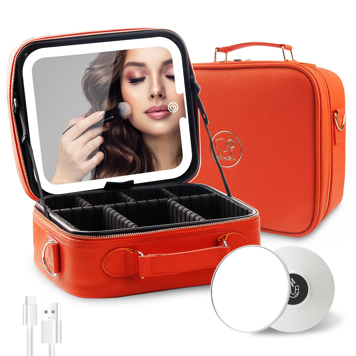MOMIRA Travel Makeup Bag Cosmetic Bag with Lighted Mirror, Adjustable Brightness in 3 Color Scenarios/Detachable makeup mirror, All-round Upgrade, Waterproof, Gift for Women -Orange Image