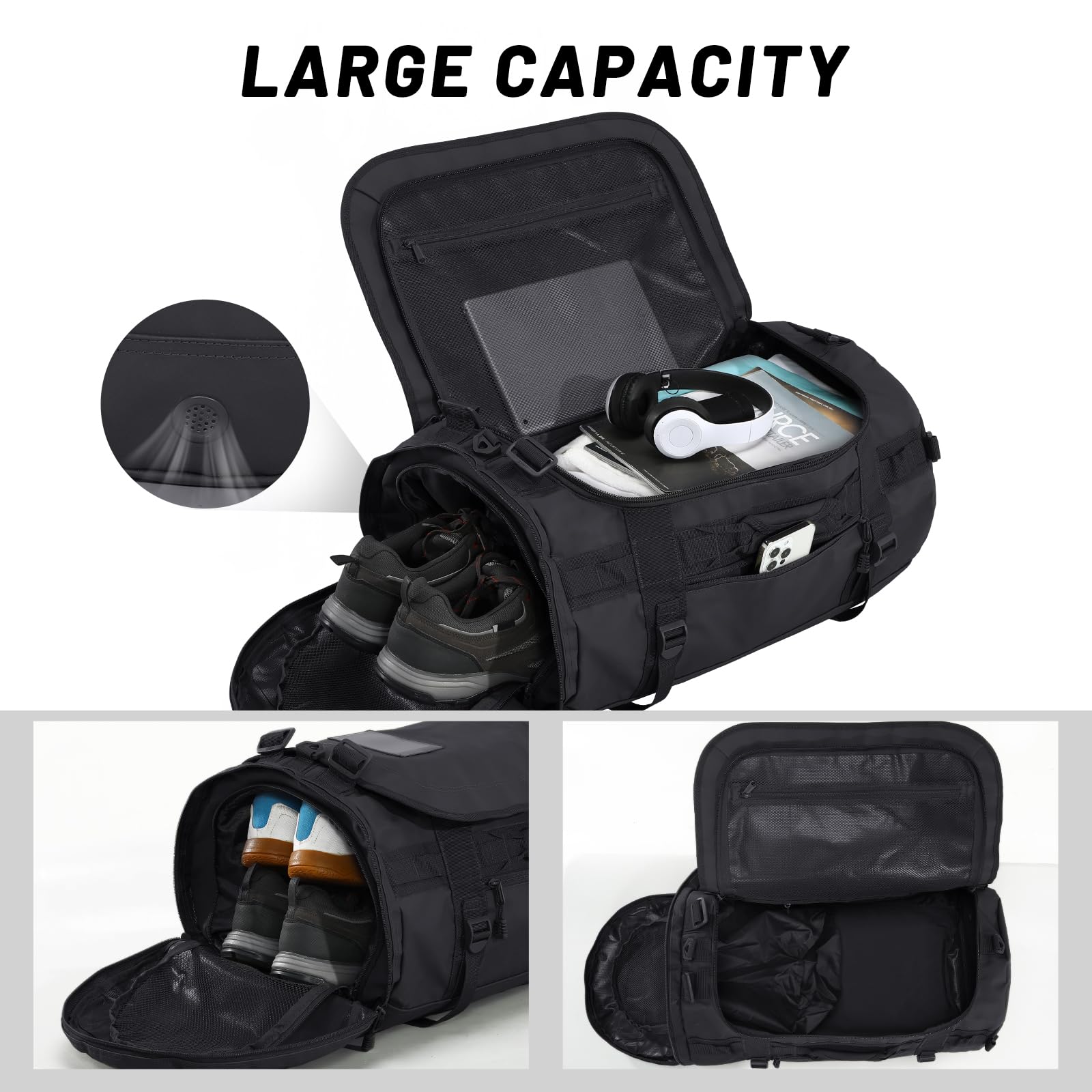 MIER Large Duffel Backpack Sports Gym Bag with Shoe Compartment, Heavy Duty and Water Resistant, Black, 60L