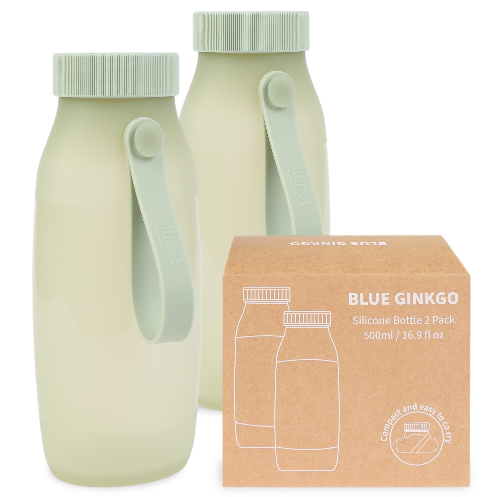 BLUE GINKGO Collapsible Water Bottle [2-Pack] – Lightweight, Foldable Silicone Bottles for Travel, Hiking, and Camping (500ml, Made in Korea, Green)