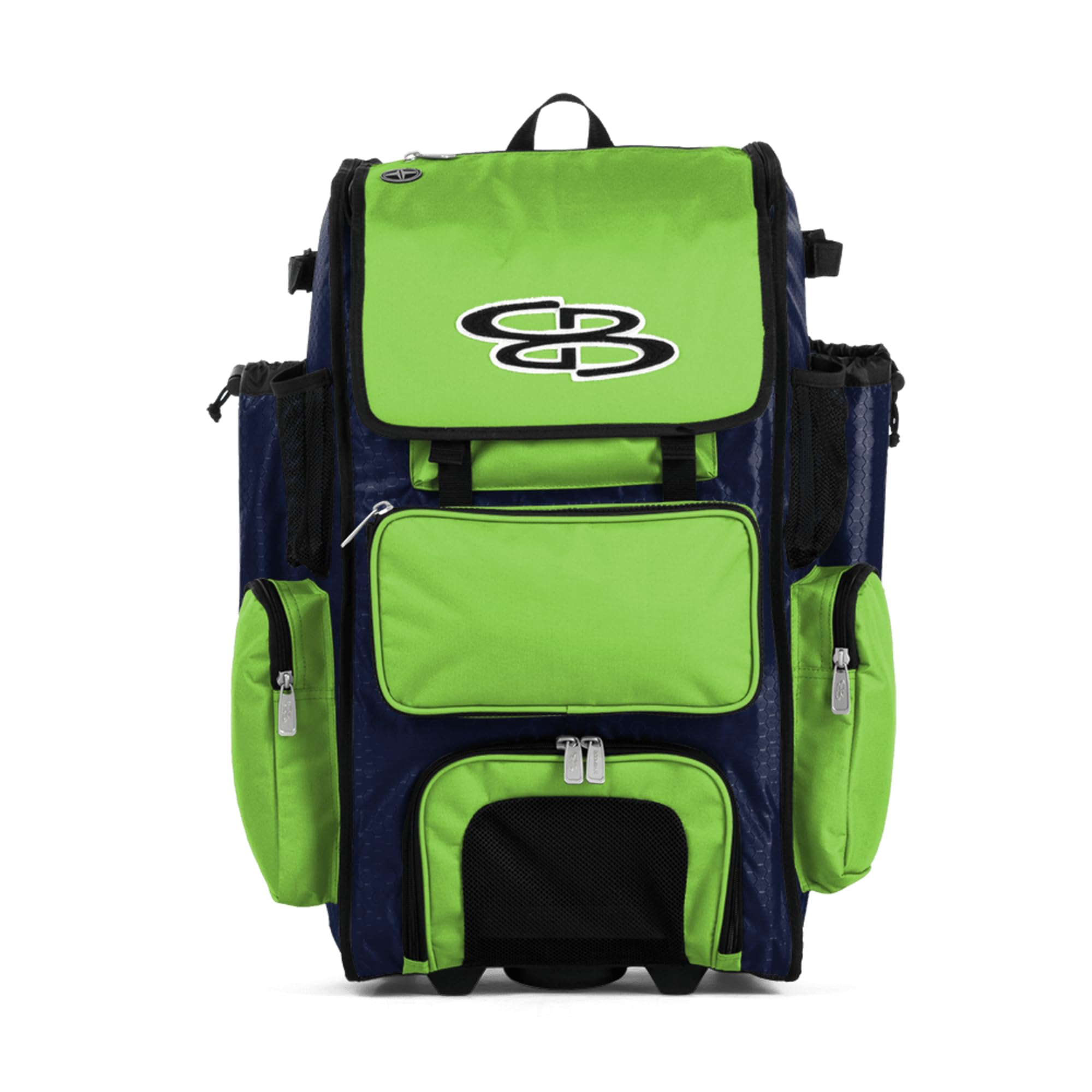 Boombah Rolling Superpack Baseball/Softball Gear Bag - 23-1/2" x 13-1/2" x 9-1/2" - BRSP2C23 Navy/Lime Green - Telescopic Handle - Holds 4 Bats - Wheeled Version Image