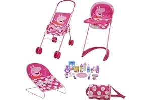 Peppa Pig: 19 Piece Doll Sleep N' Play Set - Pink & White Dots Travel, Feed, Includes Half Folding Stroller, Bouncer, Highcha