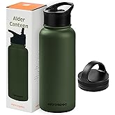 Retrospec Alder Insulated Water Bottle with Straw Lid & Handle Cap - Stainless Steel Wide Mouth Double-Wall Vacuum Insulated Thermos - BPA Free Leakproof Canteen
