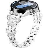 Aniaboho Compatible for Samsung Galaxy Watch 7 6 5 4 FE Band 40mm 44mm, Women Diamond Butterfly Metal 20mm Watch Band for Samsung Watch Bands 7 6 5 4 FE/5 Pro/Watch 6 4 Classic/Watch 3 41mm/Active 2 (Silver)