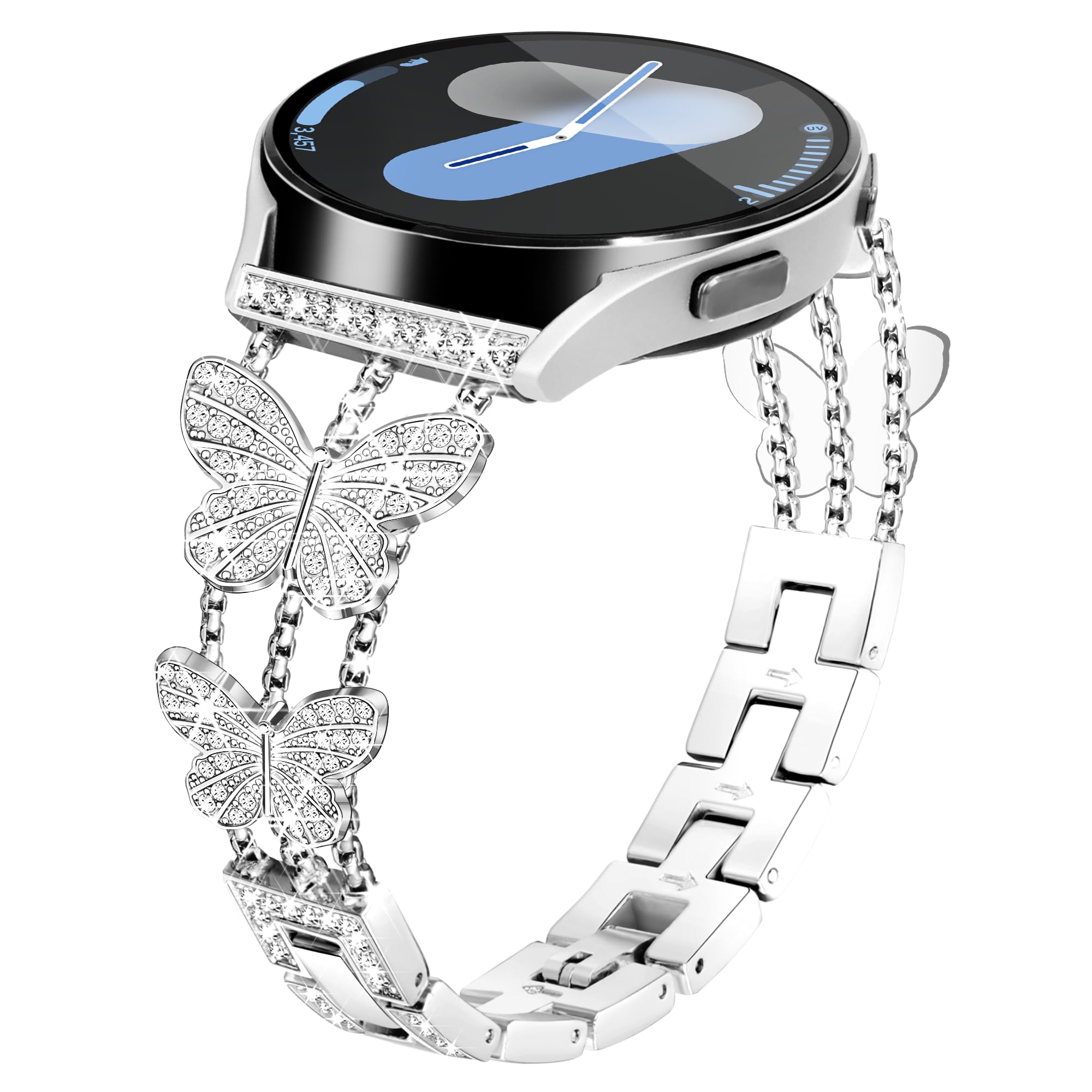 Aniaboho Compatible for Samsung Galaxy Watch 7 6 5 4 FE Band 40mm 44mm, Women Diamond Butterfly Metal 20mm Watch Band for Samsung Watch Bands 7 6 5 4 FE/5 Pro/Watch 6 4 Classic/Watch 3 41mm/Active 2 (Silver)