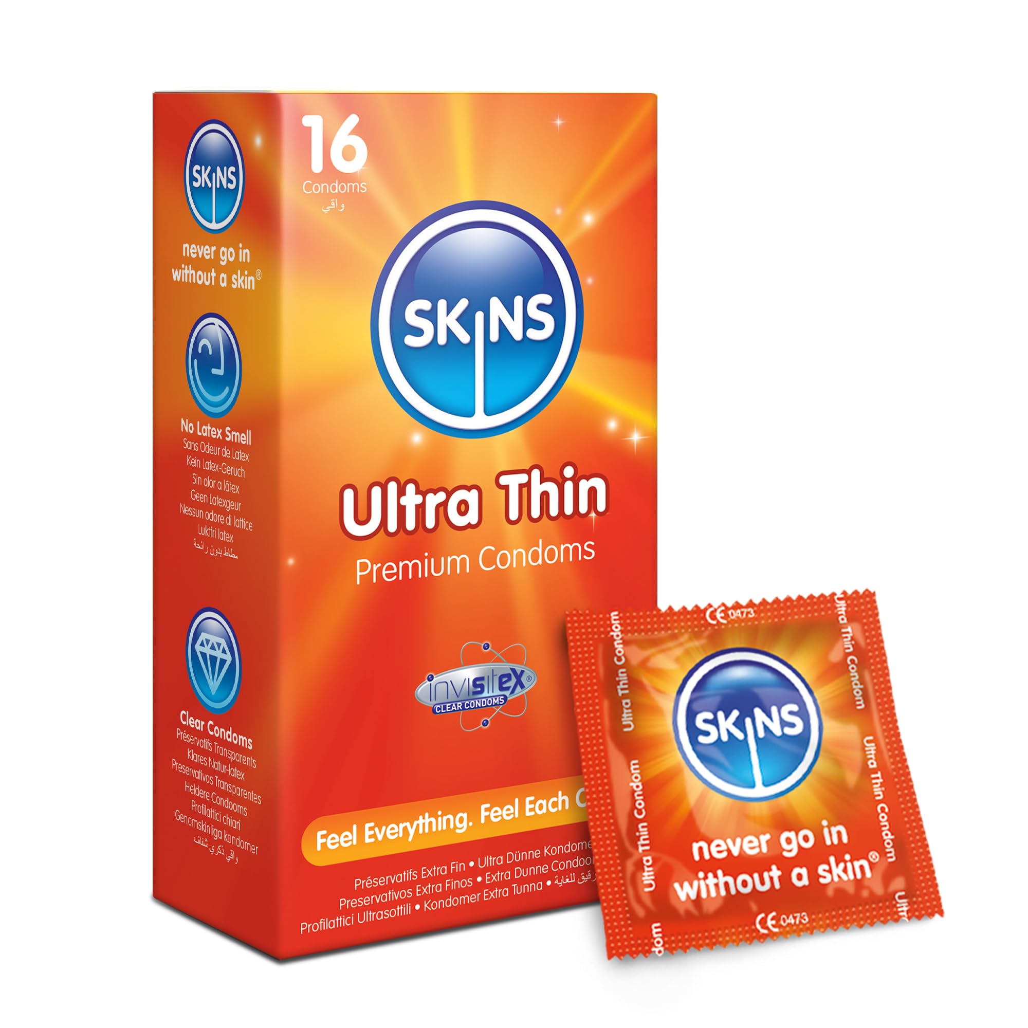Skins Ultra Thin Condoms, Skins Ultra Thin Premium Condoms for More Sensations, Natural Latex Without The Smell - Pack of 16